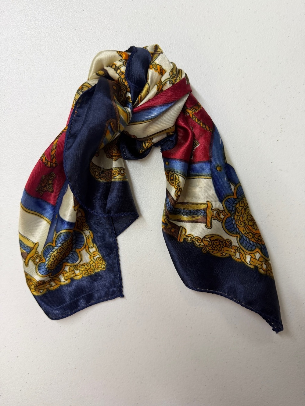 Unbranded Equestrian Bridle Chain Print Satin Square Scarf Navy Red